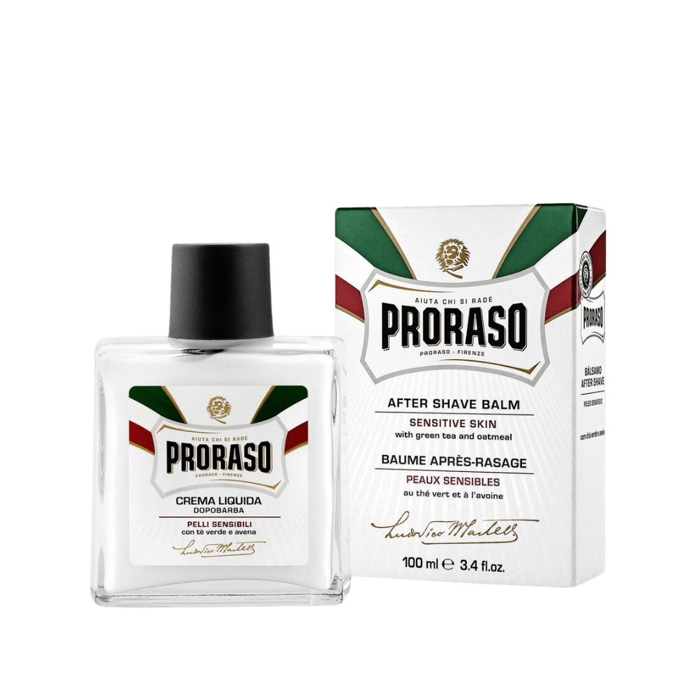 Proraso Liquid After Shave Cream med grøn te og havre i en 100 ml flaske, ved siden af dens emballage