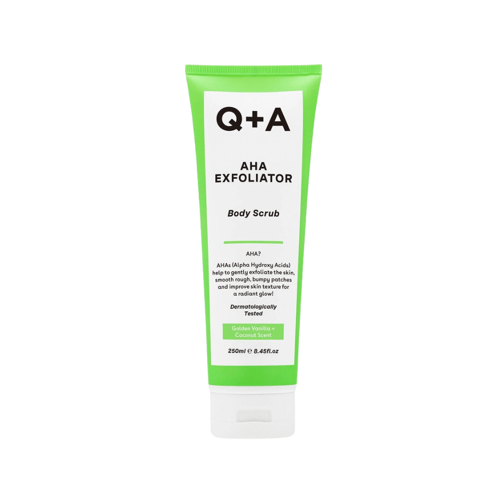 Q+A AHA Exfoliator Body Scrub, 250ml med gylden vanilje og kokosduft