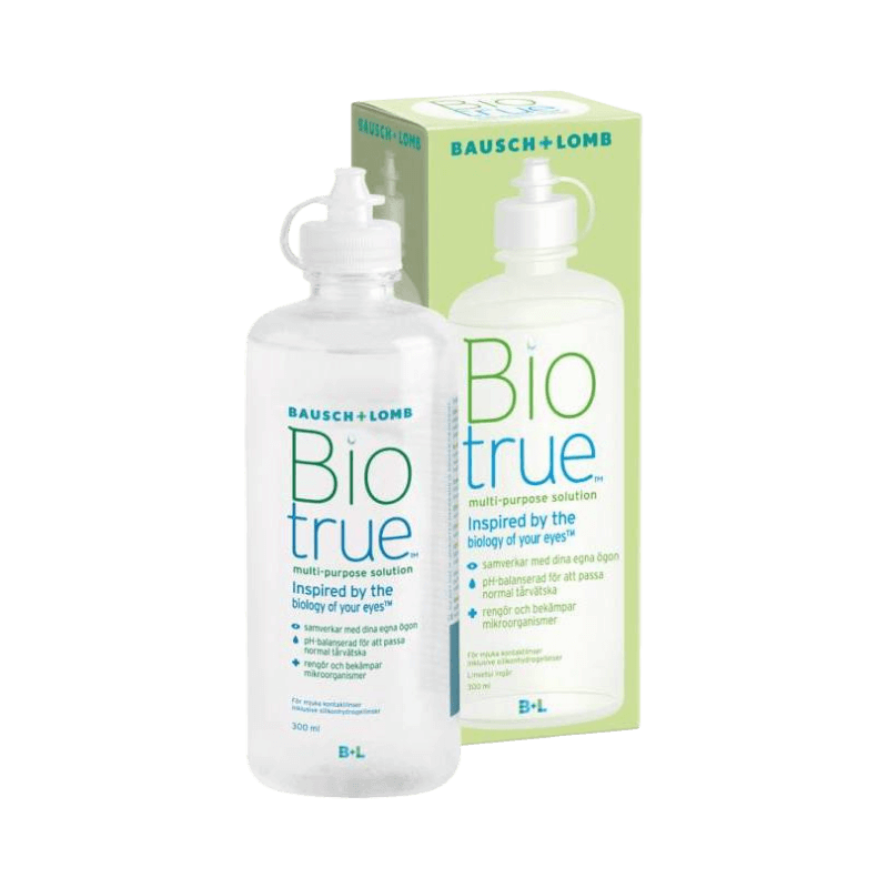 Biotrue linsevæske 300 ml til fugtgivende pleje og rens af kontaktlinser.