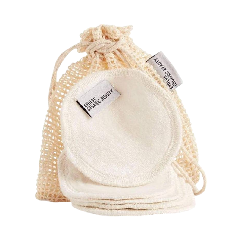 Genanvendelige makeup pads i bambus med vaskepose fra Evolve Organic Beauty.