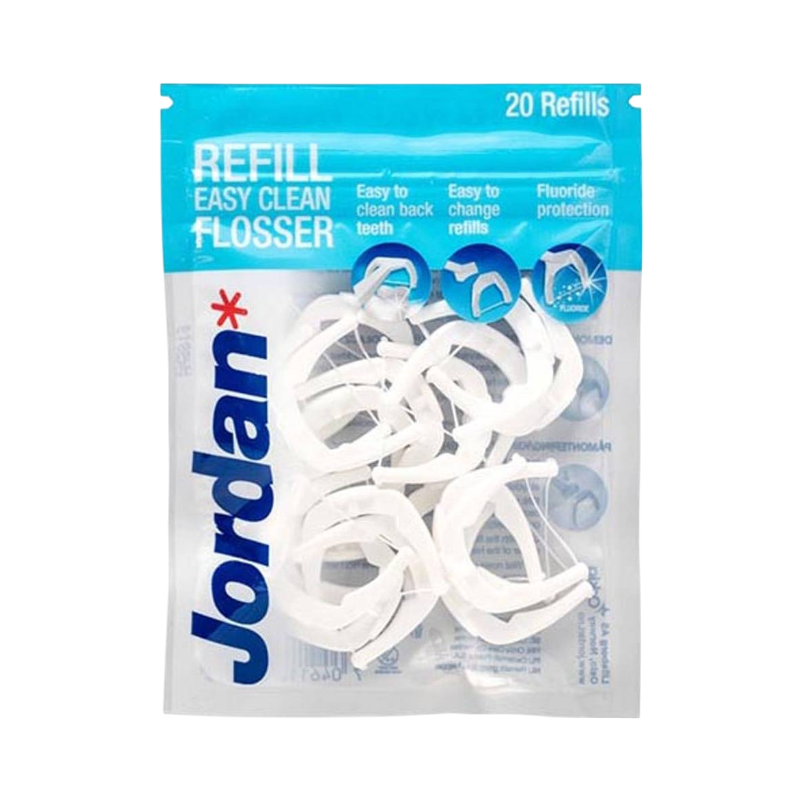 Jordan Easy Clean Flosser refill, 20 stk, med fluorbeskyttelse og udskiftelige hoveder.