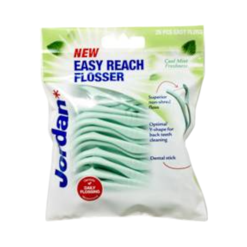 Jordan Easy Reach Flosser 25 stk, ergonomisk Y-design og tandstik til daglig rengøring.