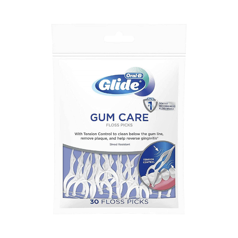 Oral-B Glide Gum Care floss picks, 30 stk, med Tension Control og tandkødsbeskyttelse.