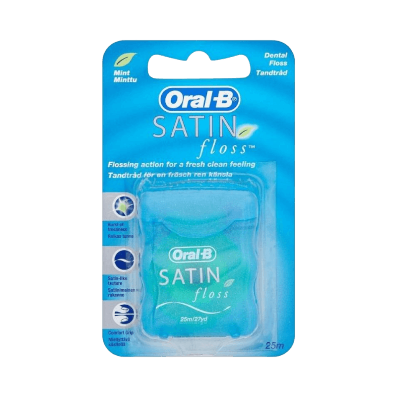 Oral-B Satin Floss med mintsmag – glat, komfortabel tandtråd der efterlader en frisk fornemmelse.
