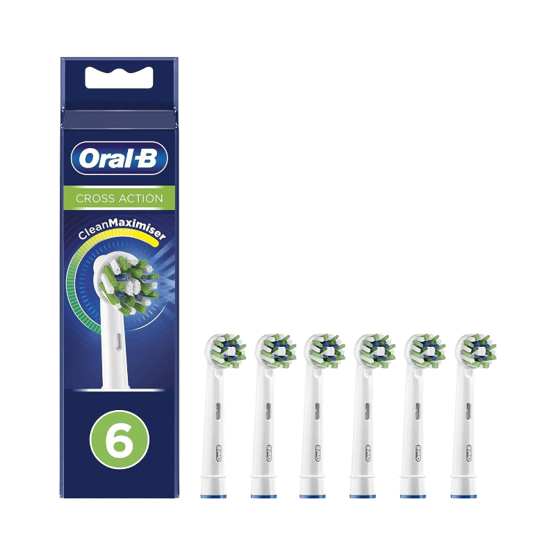 Oral-B CrossAction tandbørstehoveder, 6-pak, med CleanMaximiser-teknologi for effektiv tandrensning.