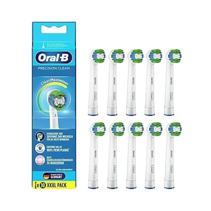 Oral-B Precision Clean tandbørstehoveder, 10-pak, med CleanMaximiser for dybdegående plakfjernelse.