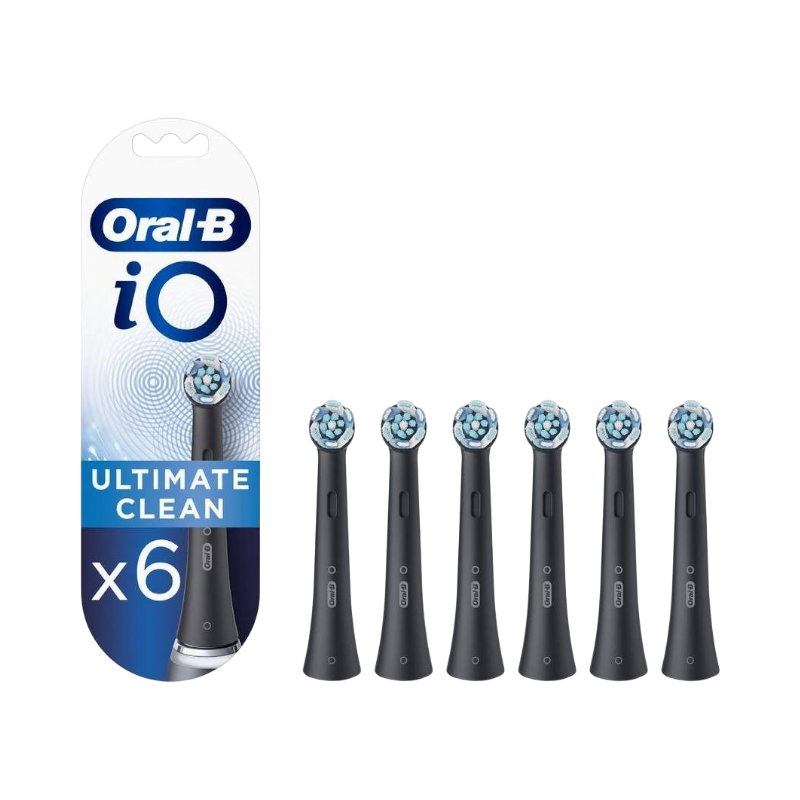 Oral-B iO Ultimate Clean børstehoveder i sort, 6-pak, designet til overlegen tandrensning.