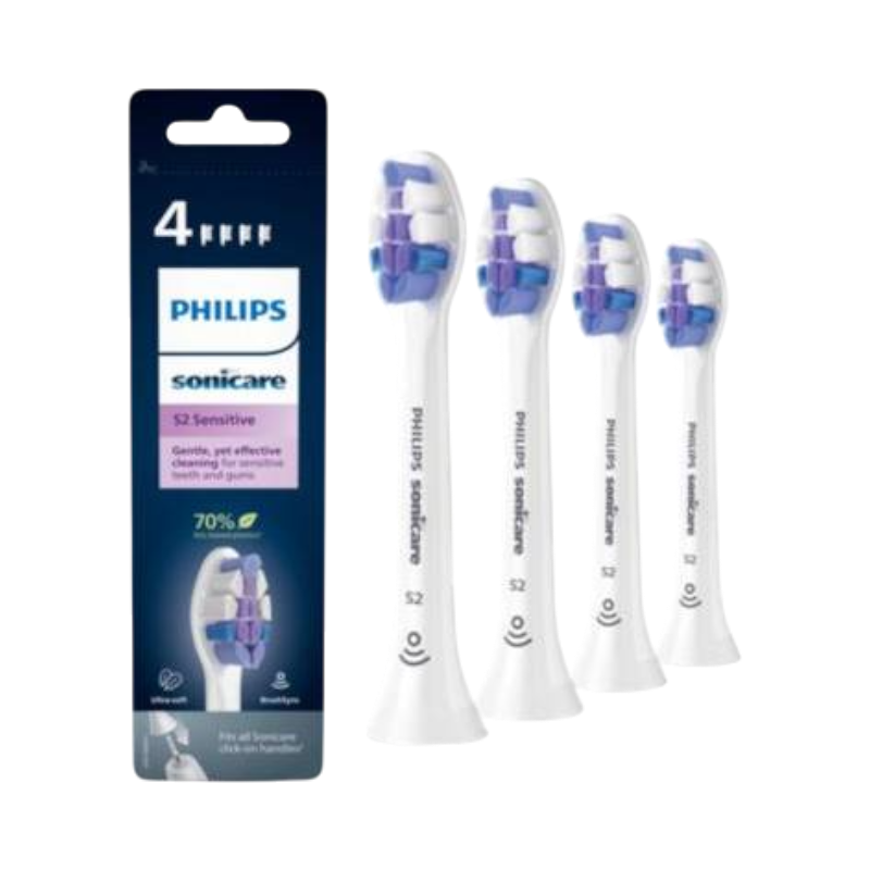 Philips Sonicare S2 Sensitive børstehoveder, 4-pak, skånsom rengøring til følsomme tænder og tandkød.
