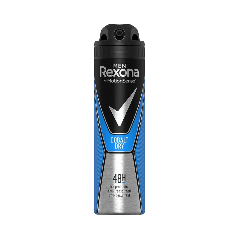 Rexona Men Cobalt Dry deo spray 48H MotionSense för långvarigt skydd.